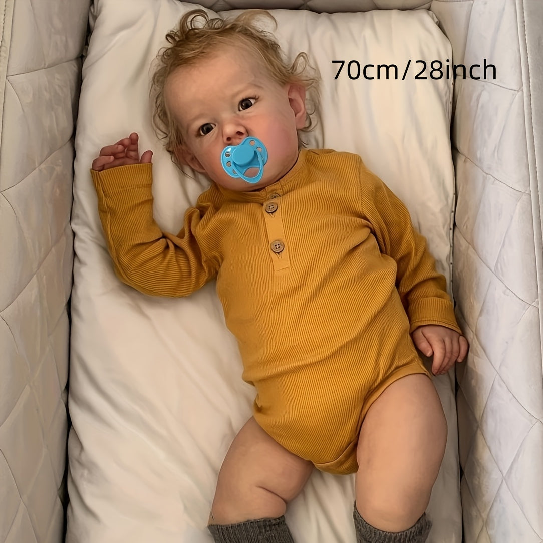 Reborn Baby Doll 27.56 Inch Realistic Soft Vinyl Cloth Body Handmade Lifelike Newborn Girl Doll with Rooted Hair Bottle Pacifier - BZDOLL Liam Blonde Toddler Art Doll Gift