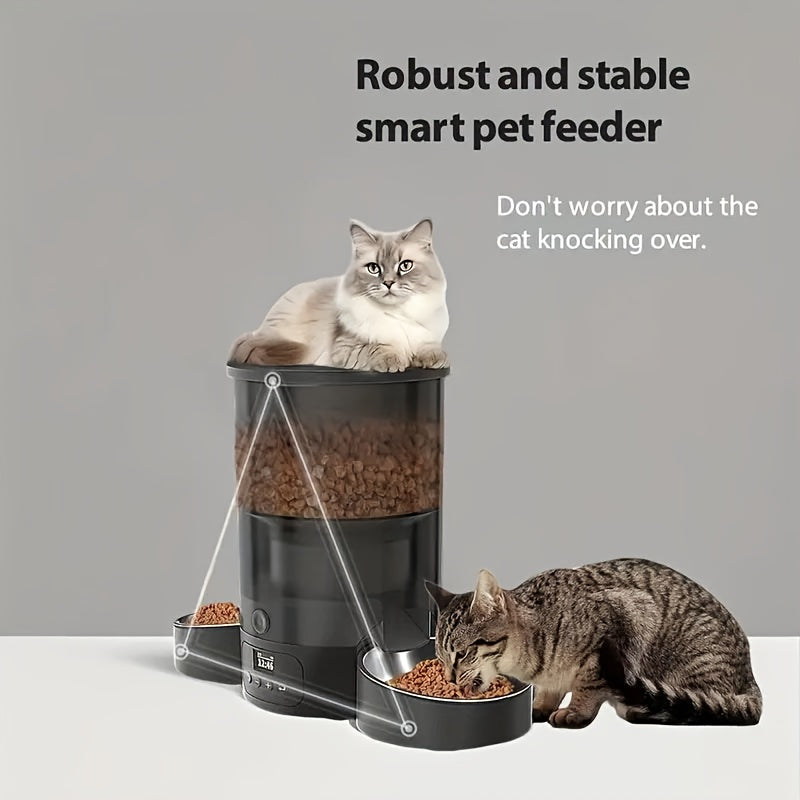 Automatic Cat Feeder 3L Dual Bowl – 102.5oz Timed & Portion-Controlled Pet Food Dispenser for Cats & Dogs, 1-6 Meals Per Day, Anti-Clog Push-Button, Battery Operated, Black
