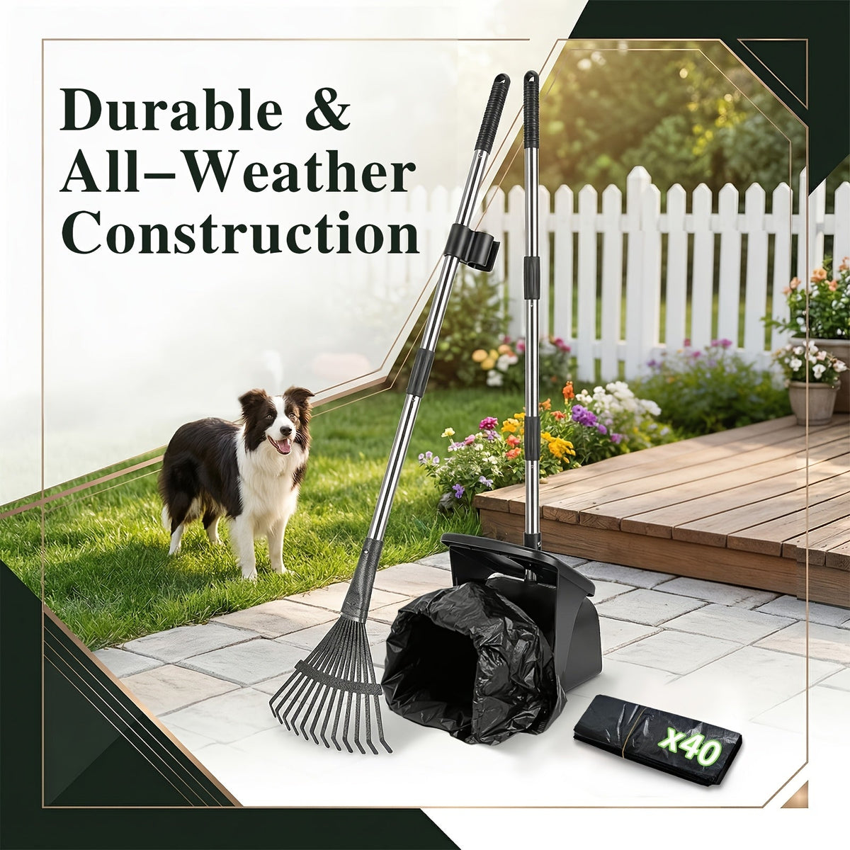 Dog Pooper Scooper Set Heavy Duty with Swivel Bin, Rake & Spade – Long Handle Pet Waste Removal Tool for Grass, Dirt & Gravel, Includes 40 Waste Bags, Great for Large Dogs