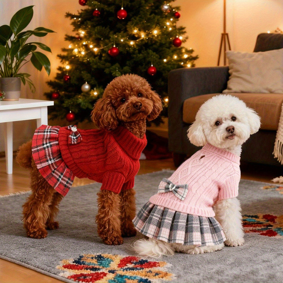 Dog Christmas Sweater Dress for Small Dogs with Bowtie Turtleneck Warm Knitted Puppy Sweater Dress with Leash Hole for Chihuahua Yorkie Havanese Bichon – Holiday Winter Dog Clothes Xmas Pet Outfit