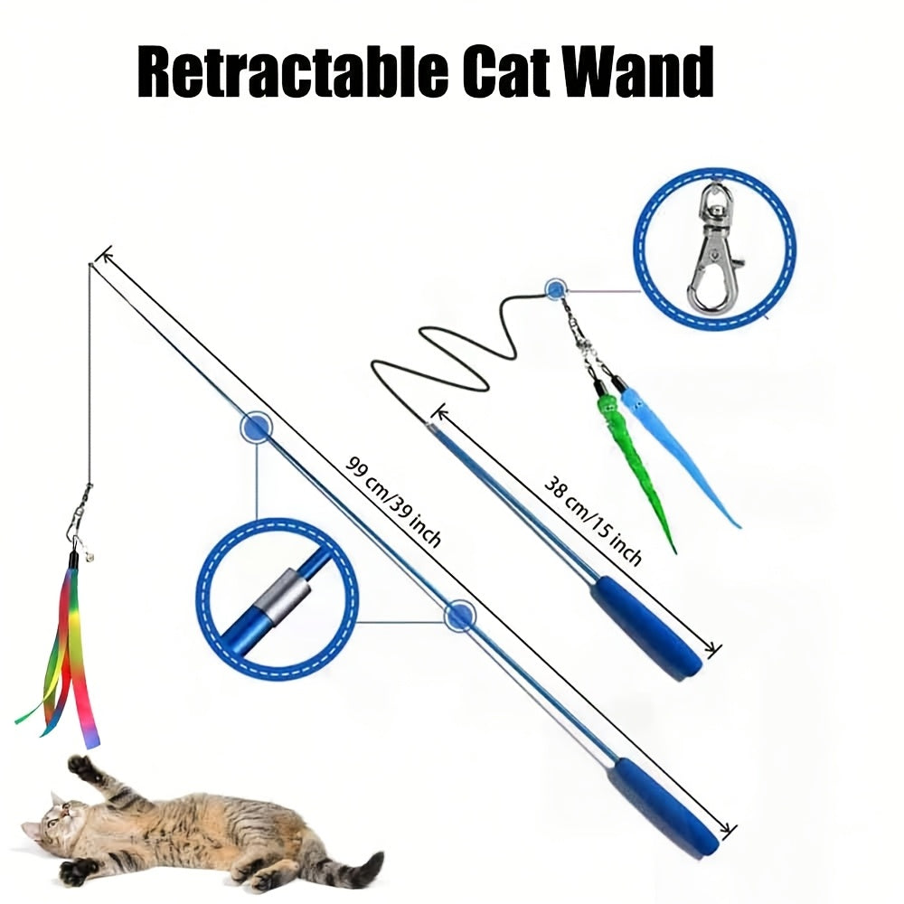 Interactive Cat Teaser Wand Toy Set 8pcs – Retractable Wand with 5 Fuzzy Worm Refills & 2 Ribbon Refills, Detachable Bell, No Battery Needed, Suitable for All Cats & Kittens