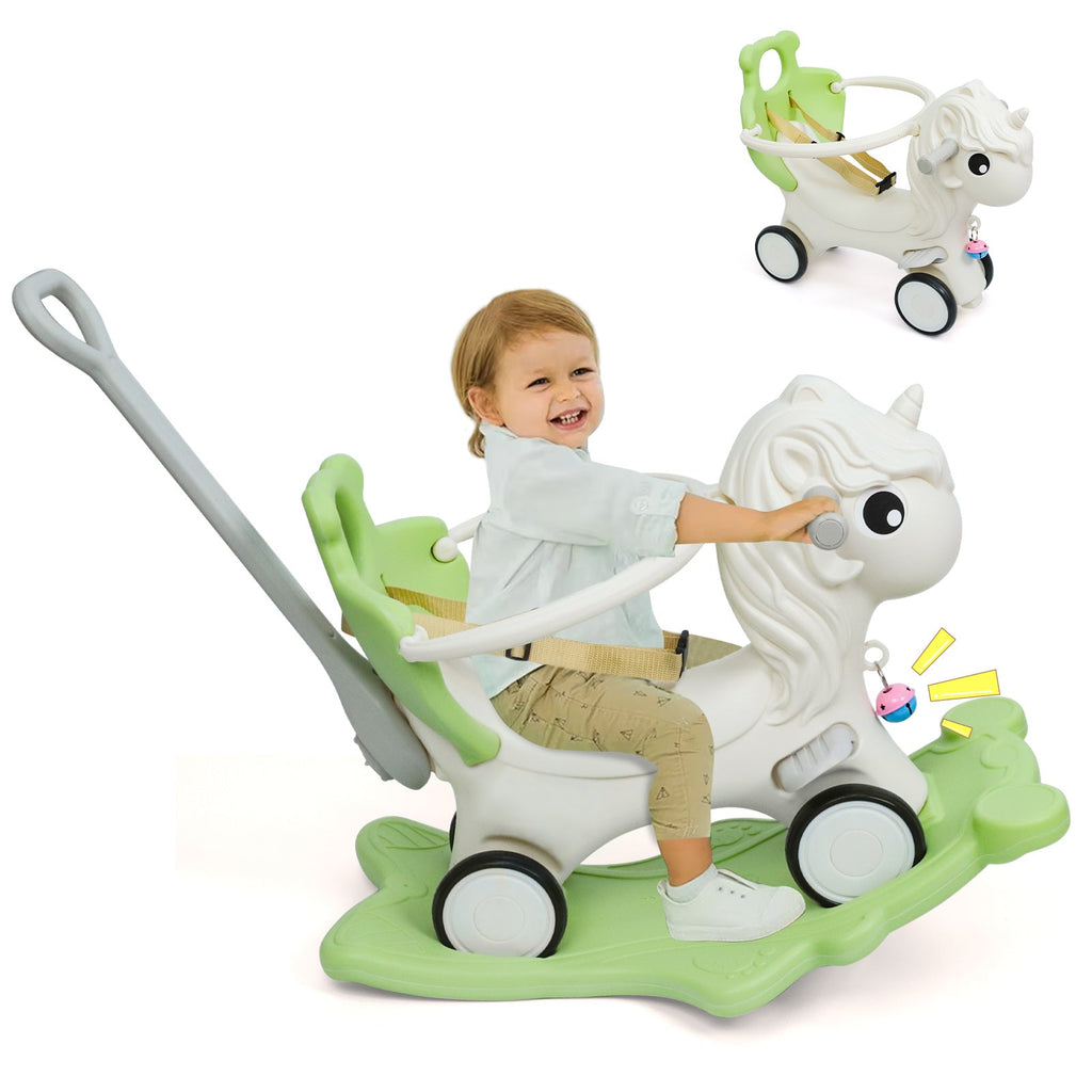 3-in-1 Rocking Horse for Toddlers 12 Months and Up - Balance Bike with Push Handle, Detachable Balance Board, Rocking Toy Ride On for Baby Boys and Girls - Green, Blue, Pink