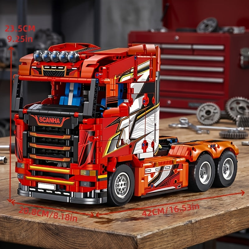 1788pcs Heavy Truck Building Block Set - Semi Truck Head Vehicle Assembly Model with Mechanical Detail, Red Cab Brick Construction Kit for Adults & Teens | Holiday Birthday Gift for Truck Enthusiasts