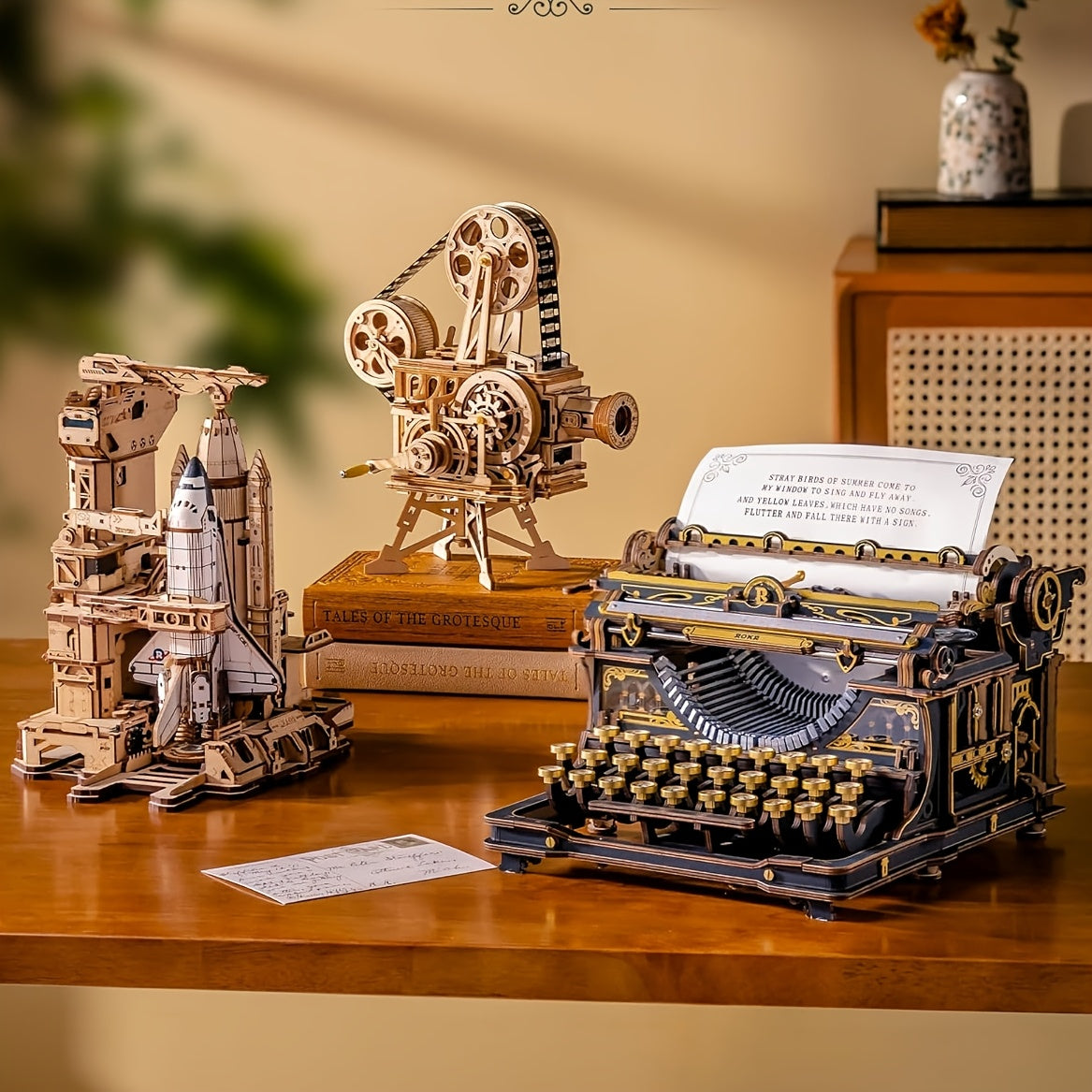 ROBOTIME 3D Wooden Mechanical Typewriter Model Kit - Vintage Retro Assembly Puzzle for Adults & Teens 14+, DIY Wood Craft Desktop Decor | Unique Gift Idea for Home Office | Black Gold & Fairy Tale Edition