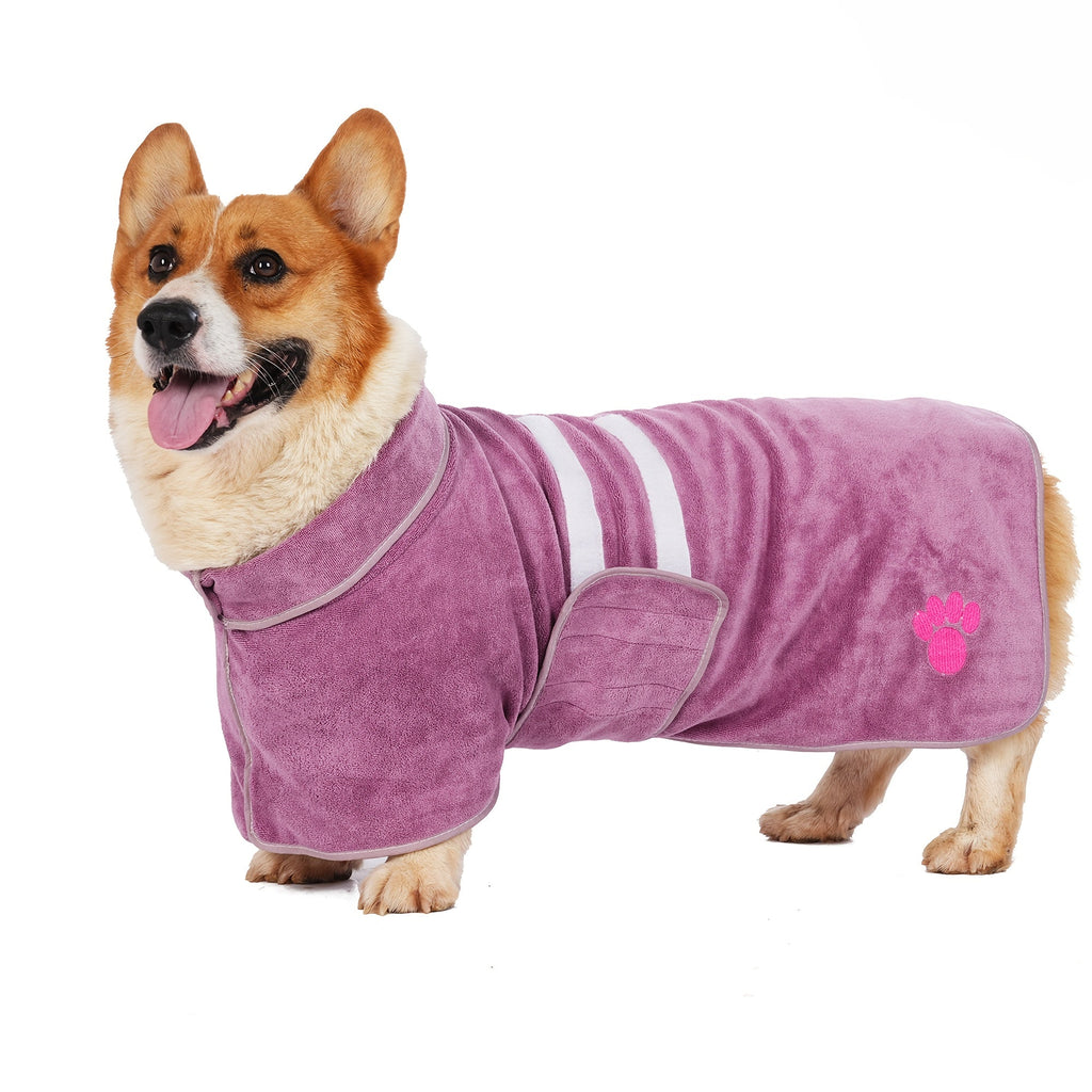 Quick-Drying Dog Bathrobe with Paw Print Embroidery – Super Absorbent Pet Towel Robe with Adjustable Belly Band, Ultra-Soft Microfiber, Sizes XS–3XL, 5 Colors for Dogs After Bath & Grooming