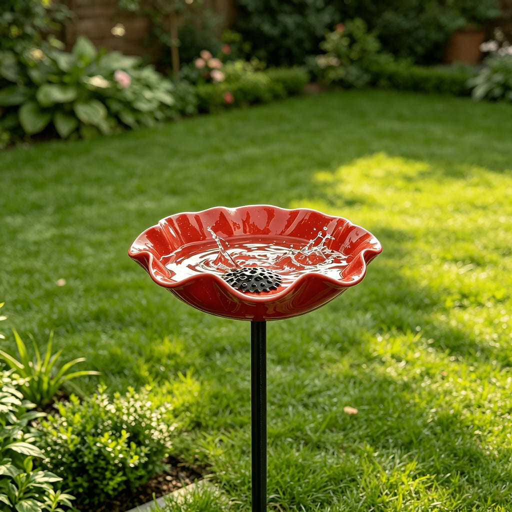 23.6" Metal Floral Bird Bath Garden Stake - Handmade Bee & Butterfly Drinking Cup, Decorative Ground Plug Ornament for Potted Plants, Windowsill Planters & Outdoor Flower Beds (No Watering Required)
