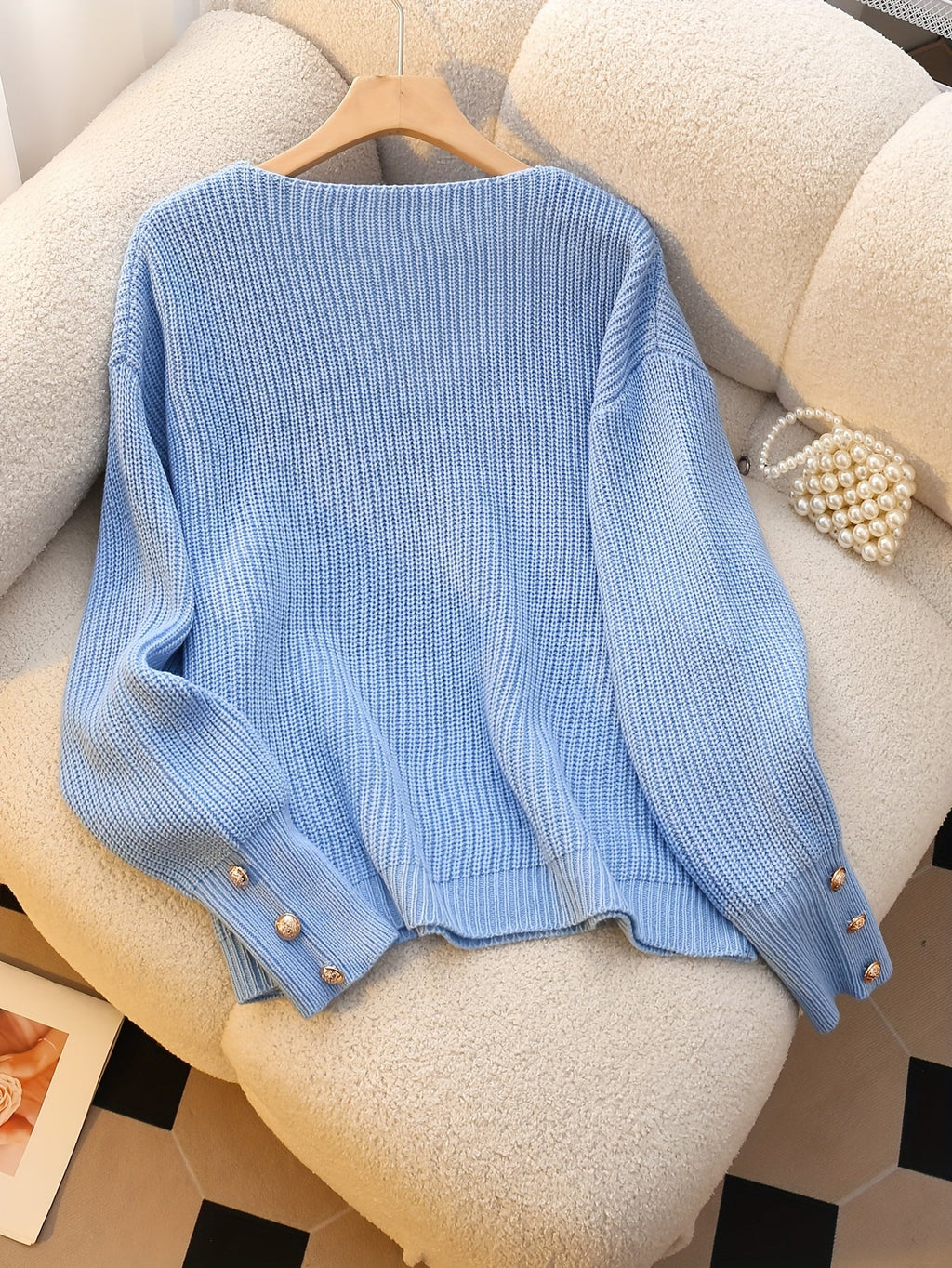 Women's V-Neck Ribbed Sweater Long Sleeve Pullover with Faux Button Detail - Elegant Casual Knitwear for Fall Winter Office Daily Wear Machine Washable