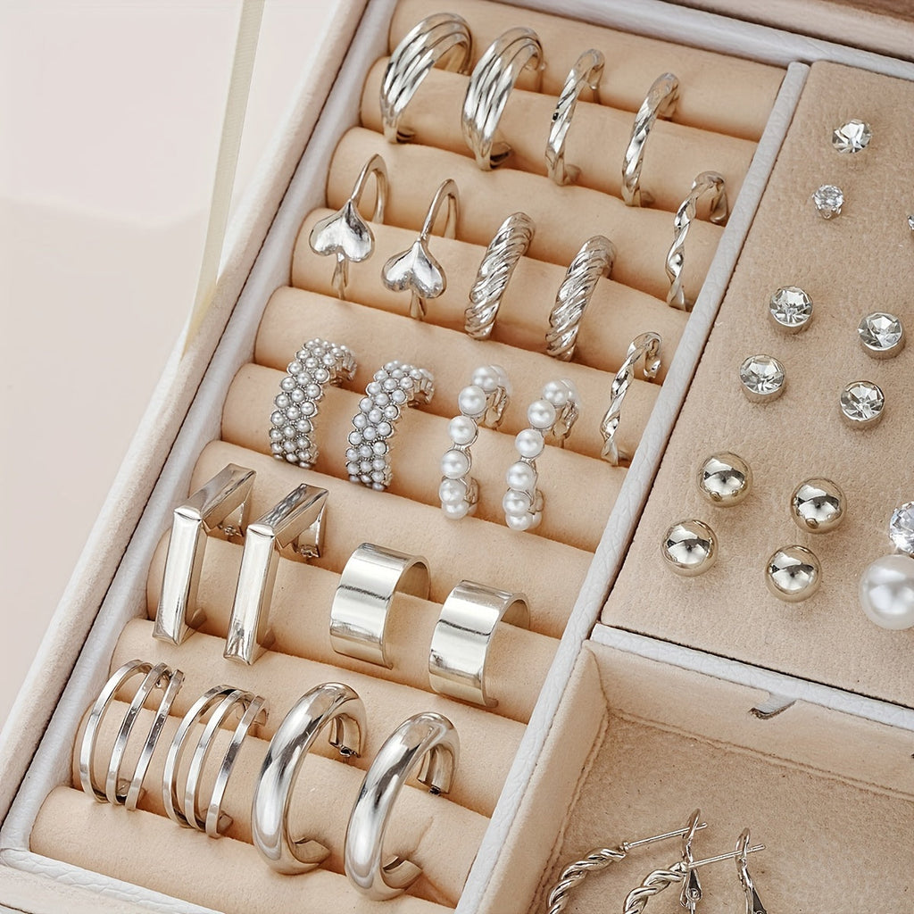 102-Piece Women's Earring Set – Geometric Rhinestone & Twisted Love Loop Styles, Hypoallergenic Stainless Steel Posts, Light Luxury Gift for Daily Wear, Parties & Vacation