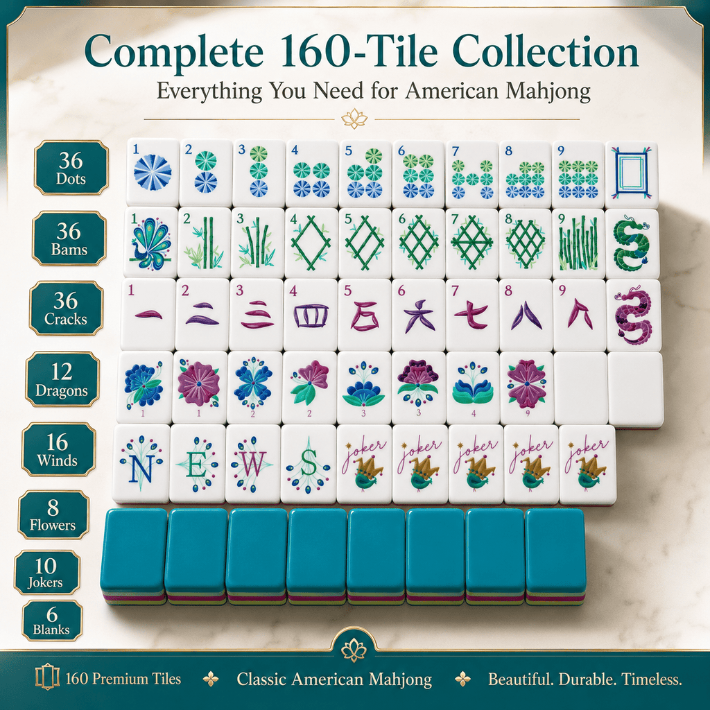 160-Tile American Mahjong Set with 4 Dice & Peacock Artwork – Colorful Layered Glossy Tiles, Tabletop Board Game for Family Game Night, Friends Party, Holiday Gift Idea for Adults