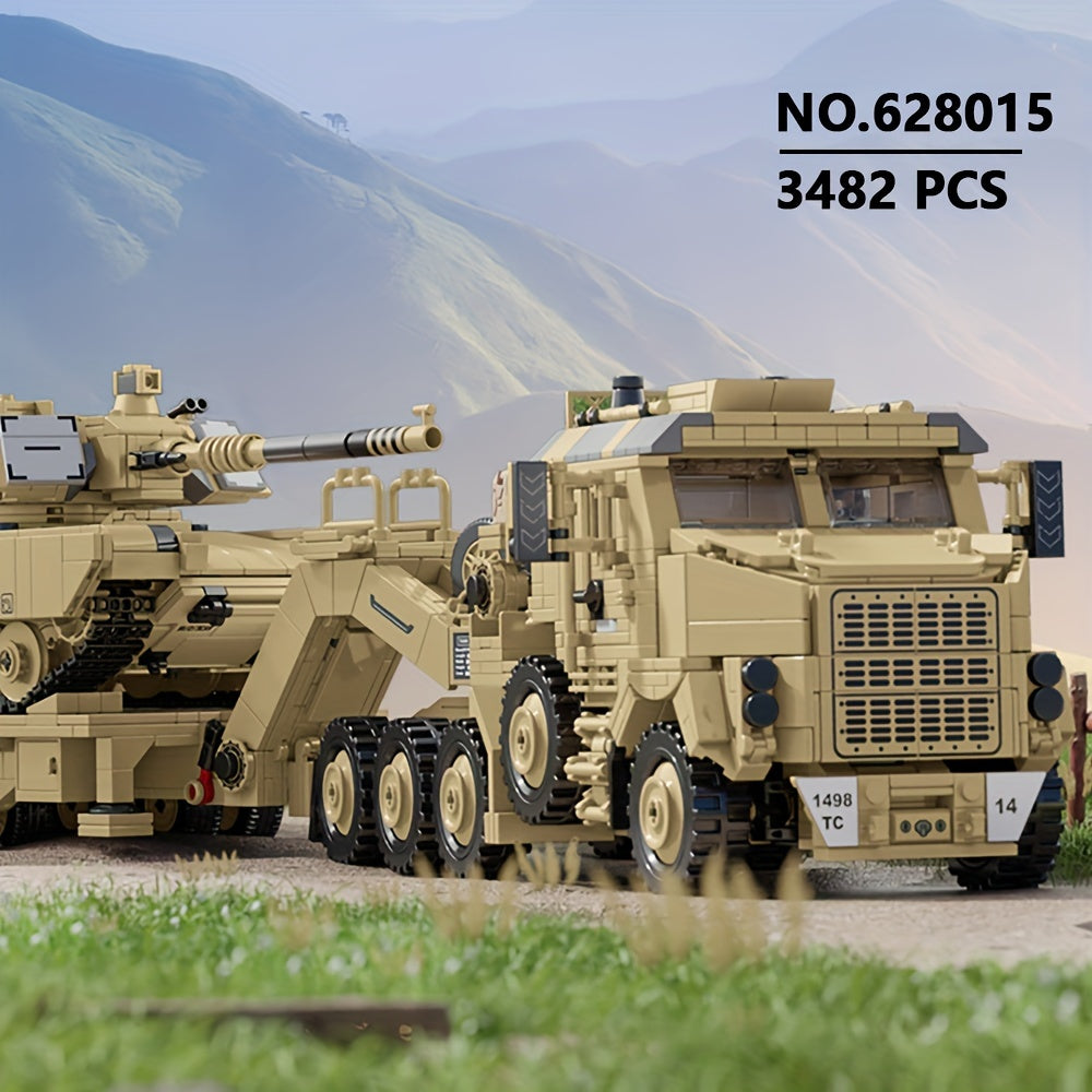 3482 Piece Military Tank Hauling Heavy Vehicle MOC Building Block Set - Armored Transport Truck Model Kit for Adults, Military Enthusiast Gift, Collection Display, Compatible Bricks