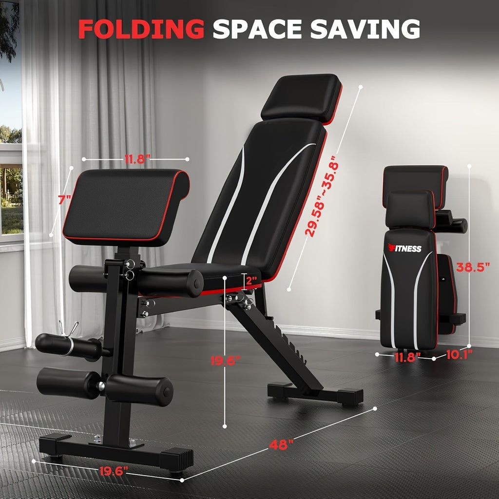 Foldable 6-in-1 Adjustable Weight Bench for Home Gym – 770 LBS Capacity, Flat Incline Decline, Resistance Bands, Preacher Curl Pad & Leg Developer, Full Body Strength Training Equipment