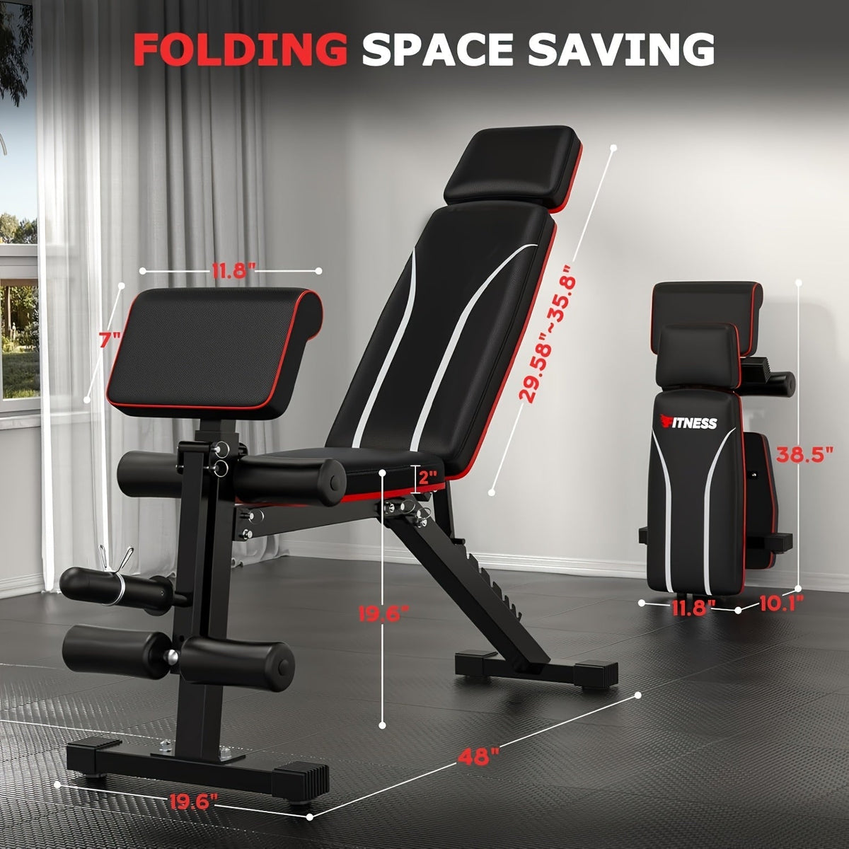 Foldable 6-in-1 Adjustable Weight Bench for Home Gym – 770 LBS Capacity, Flat Incline Decline, Resistance Bands, Preacher Curl Pad & Leg Developer, Full Body Strength Training Equipment