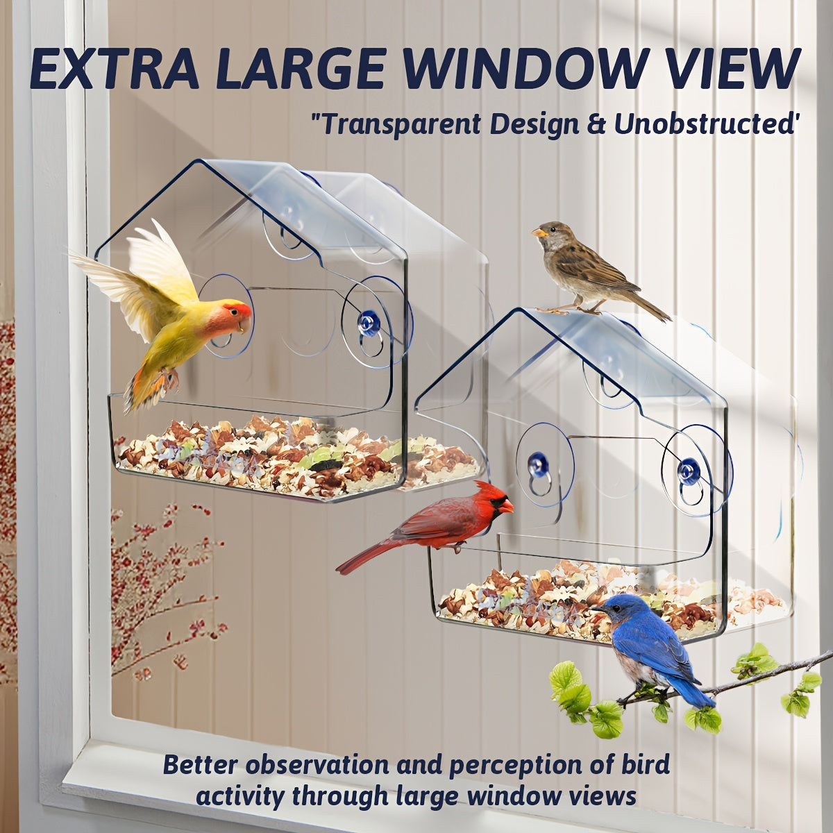 Window Bird Feeder Clear Plastic with Strong Suction Cups – Transparent Outside Bird Feeder for Close-Up Bird Watching, No Battery Needed, Durable Window Birdhouse for Wild Birds