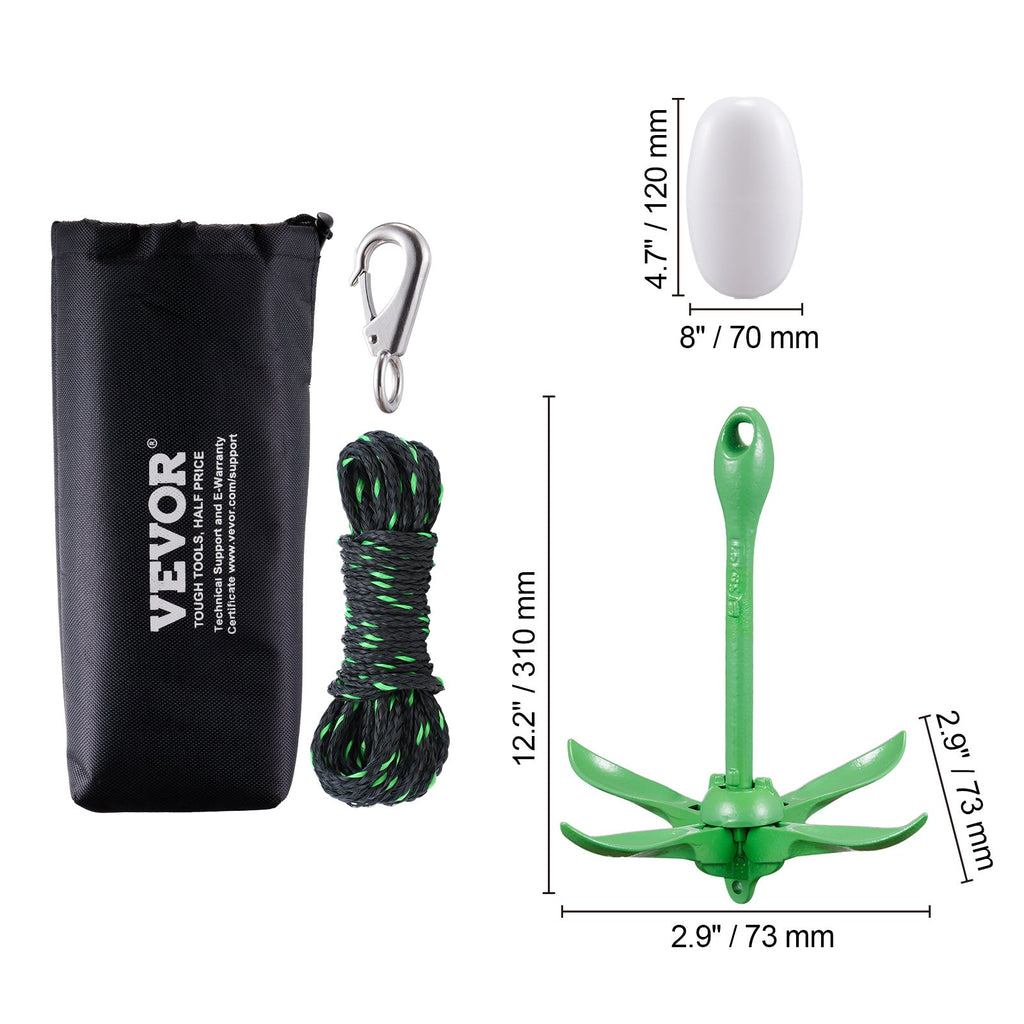 VEVOR Kayak Anchor Kit 3.5 lb Folding 4-Fluke with 26.2 ft Marine Rope, Buoy & Snap Hook - Corrosion-Resistant Paddle Board Anchor for Kayaks, Canoes, SUP & Small Boats