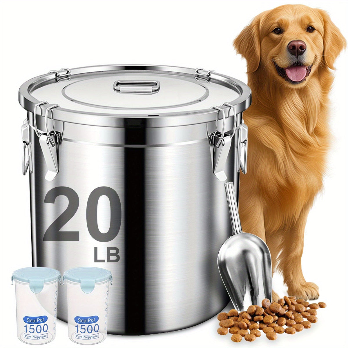 Stainless Steel Airtight Pet Food Storage Container with Scoop & 2 Small Containers - Large Metal Dog & Cat Food Bin, Keeps Food Fresh, 15 lb / 20 lb / 25 lb Capacity Options