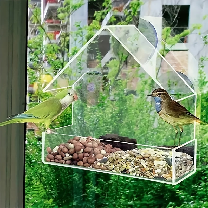 Clear Acrylic Bird Feeder with Strong Suction Cups for Windows - Durable PP Material All Season Indoor Outdoor Hanging Seed Dispenser for Wild Bird Watching Gift