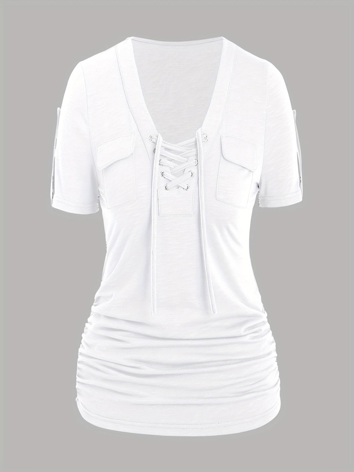 Women's Front Eyelet Strappy T-Shirt V-Neck Casual Stretch Smooth Knit Spring Summer Fall Everyday Top Trendy Cutout S M L XL XXL