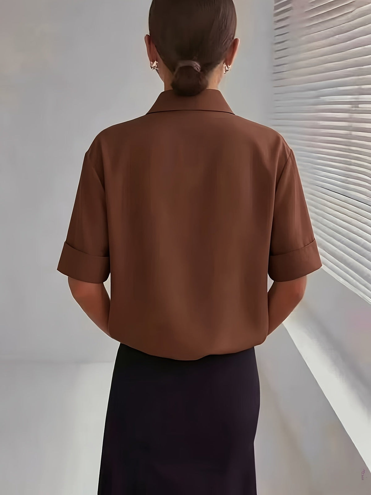 Women's Elegant Neckline Short Sleeve Solid Color Blouse 100% Polyester Casual Chic Top White Black Light Blue Coffee S M L XL All Season Woven Shirt