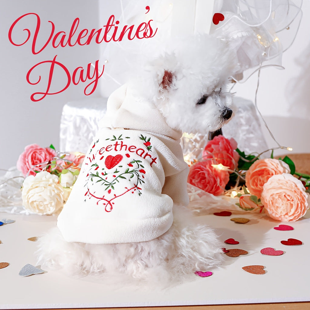 Love Heart Dog Sweatshirt Valentine's Day Hoodie – Cute Sweetheart Pullover for Small Dogs, Spring Autumn Thin Pet Outfit, XS to XL, Fits Bichon Pomeranian Schnauzer Teddy, White