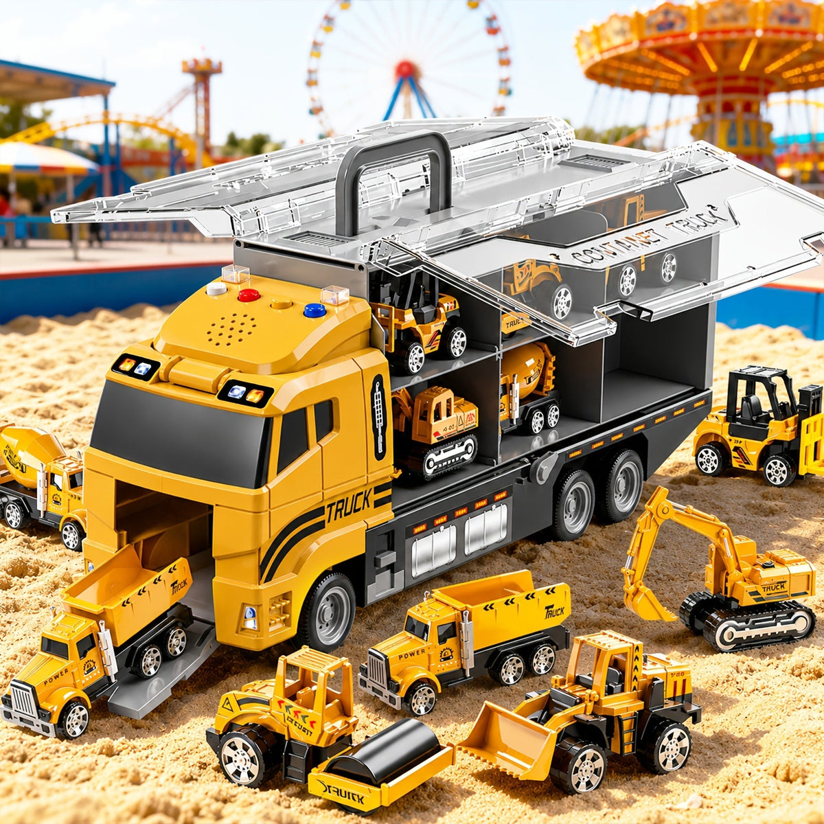 13-in-1 Construction Truck Vehicle Toy Set for Kids Ages 3+ – Die-Cast Cars, Play Mat & Transport Carrier, Sound Effects, Birthday Christmas Gift (Random Accessories)