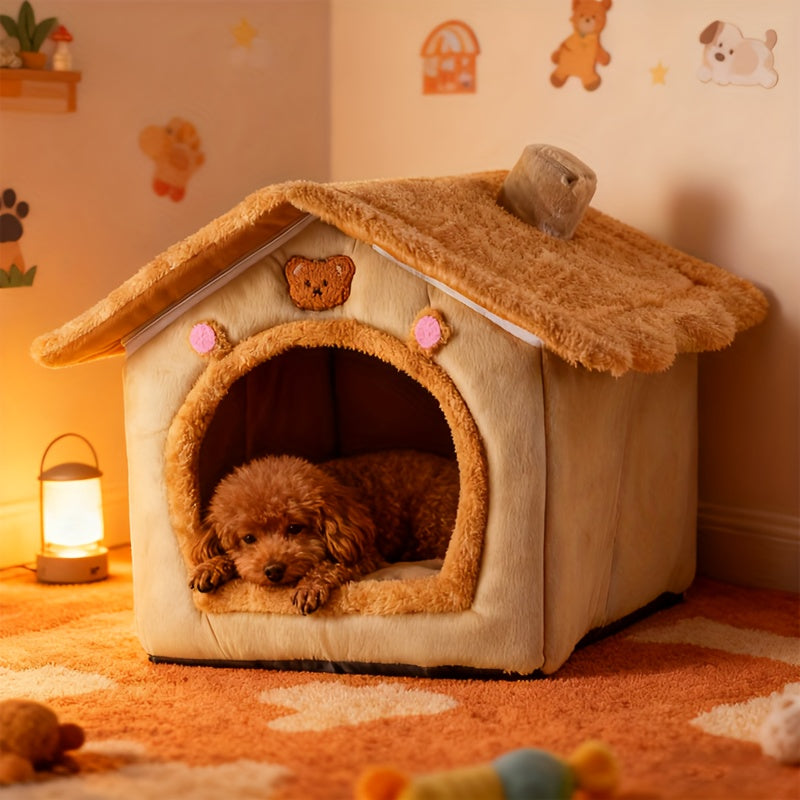 Cute House Dog Bed for Small Dogs - Warm Winter Plush Thick Cushion Pet House Bed for Teddy Chihuahua Pomeranian Bichon Schnauzer Bulldog, Indoor Dog Room Cozy Sleeping Nest