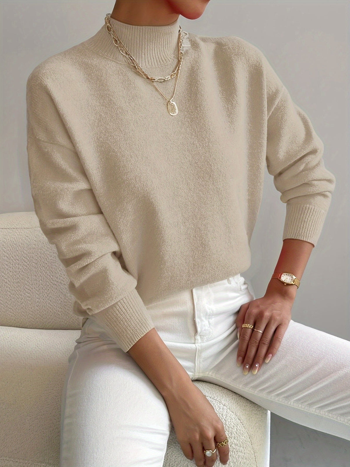 Women's Solid Color Mock Neck Drop Shoulder Pullover Sweater – Long Sleeve Knit Acrylic Blend Cozy Fall Winter Top