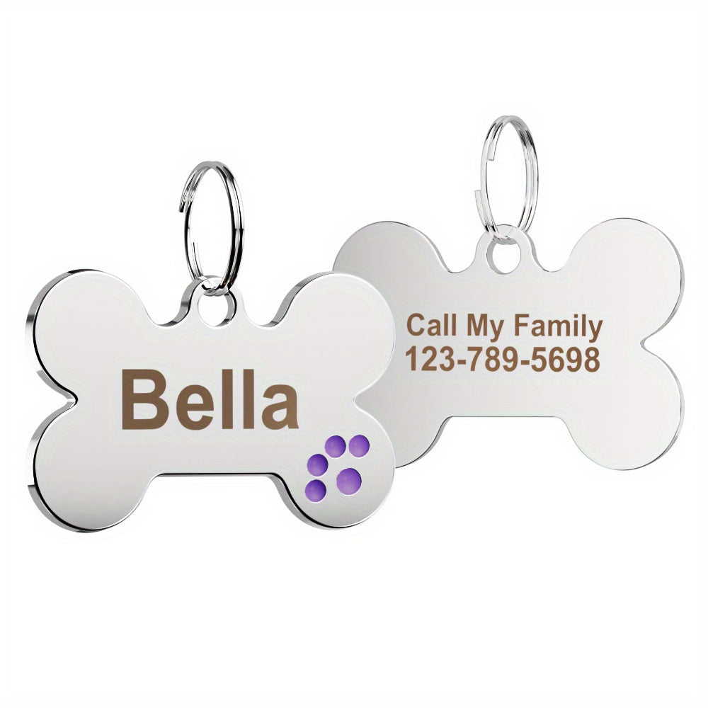 Bone Shaped Dog Tag Custom Engraved Slide-On Pet ID Tag with Paw Print - Personalized Shiny Metal Collar Name Plate for Dogs & Cats, Christmas Gift for Pet Owners