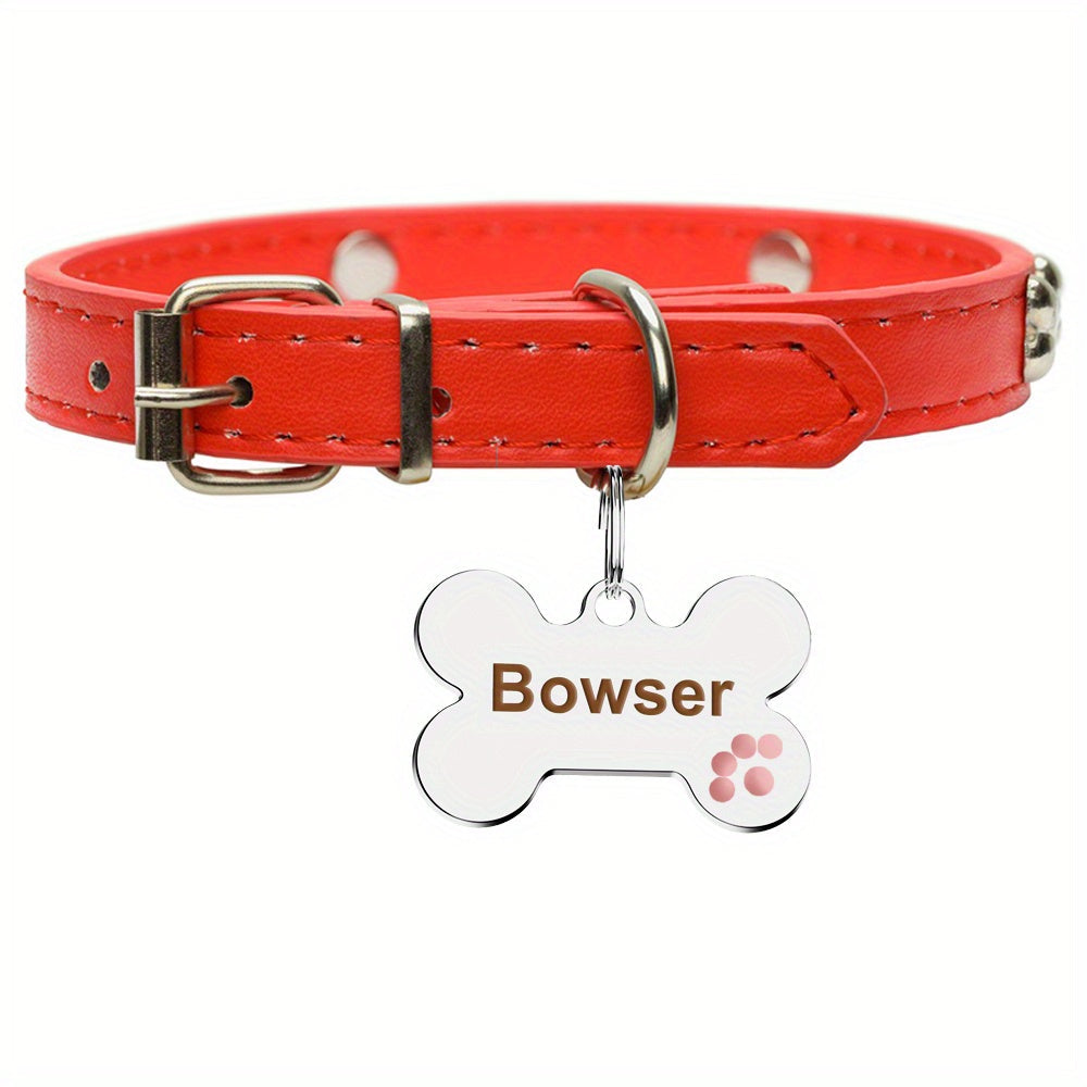 Bone Shaped Dog Tag Custom Engraved Slide-On Pet ID Tag with Paw Print - Personalized Shiny Metal Collar Name Plate for Dogs & Cats, Christmas Gift for Pet Owners