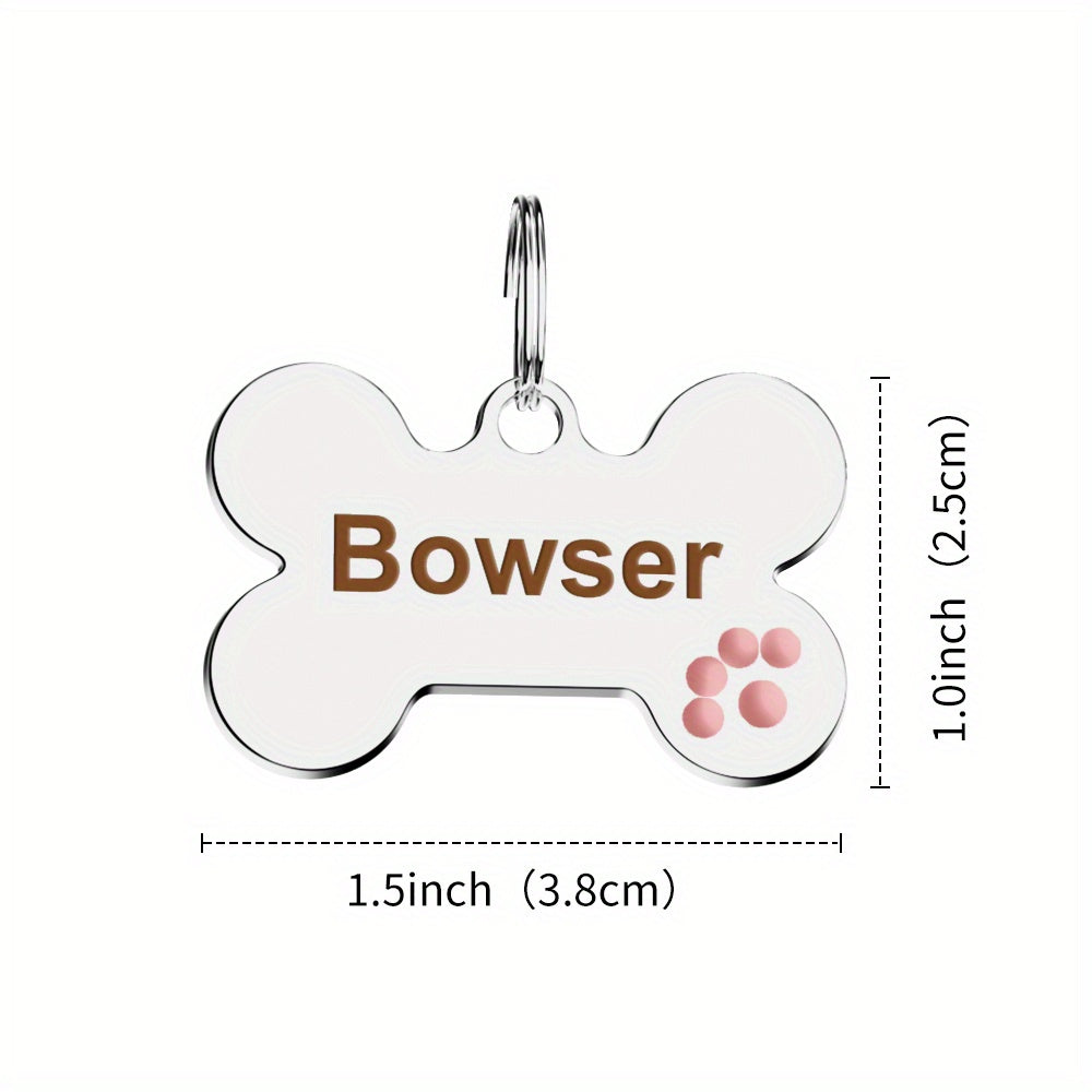 Bone Shaped Dog Tag Custom Engraved Slide-On Pet ID Tag with Paw Print - Personalized Shiny Metal Collar Name Plate for Dogs & Cats, Christmas Gift for Pet Owners