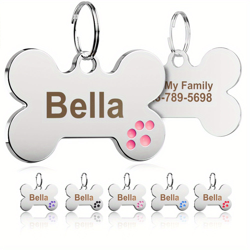 Bone Shaped Dog Tag Custom Engraved Slide-On Pet ID Tag with Paw Print - Personalized Shiny Metal Collar Name Plate for Dogs & Cats, Christmas Gift for Pet Owners