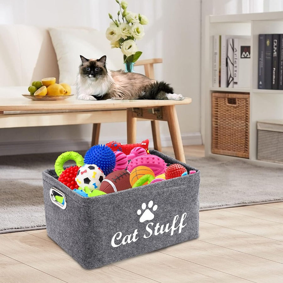 Collapsible Felt Cat Storage Basket with Metal Handles – Foldable Pet Toy Organizer Box for Cat Supplies, Home Organization Bin, Black