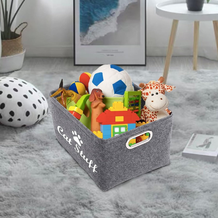 Collapsible Felt Cat Storage Basket with Metal Handles – Foldable Pet Toy Organizer Box for Cat Supplies, Home Organization Bin, Black