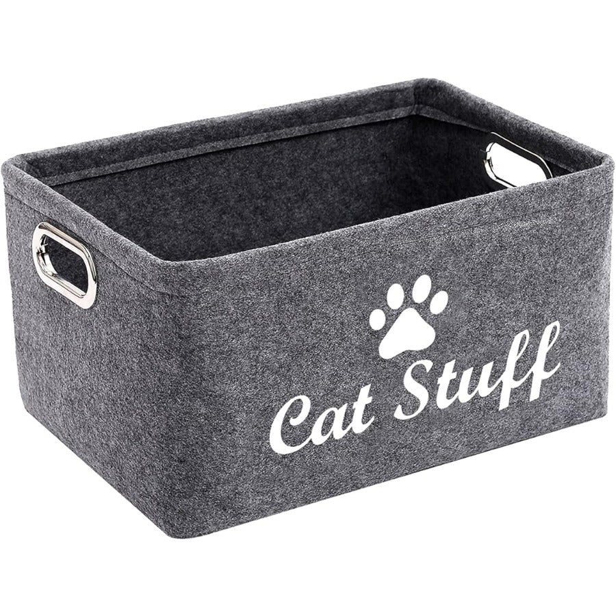 Collapsible Felt Cat Storage Basket with Metal Handles – Foldable Pet Toy Organizer Box for Cat Supplies, Home Organization Bin, Black