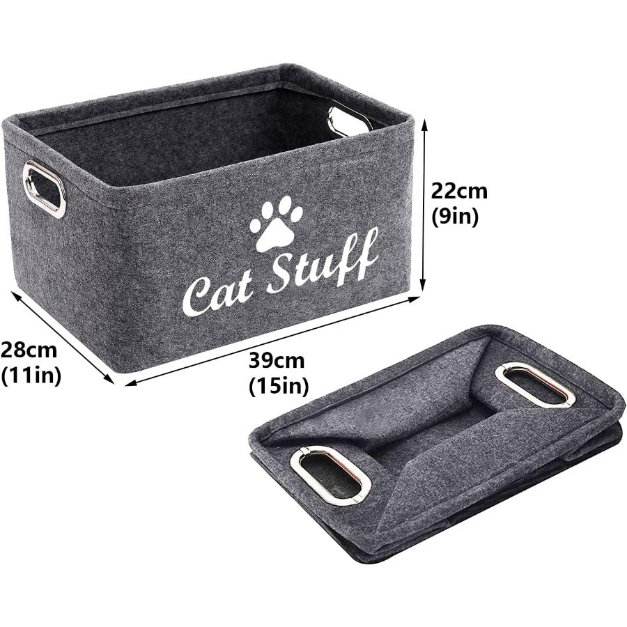 Collapsible Felt Cat Storage Basket with Metal Handles – Foldable Pet Toy Organizer Box for Cat Supplies, Home Organization Bin, Black