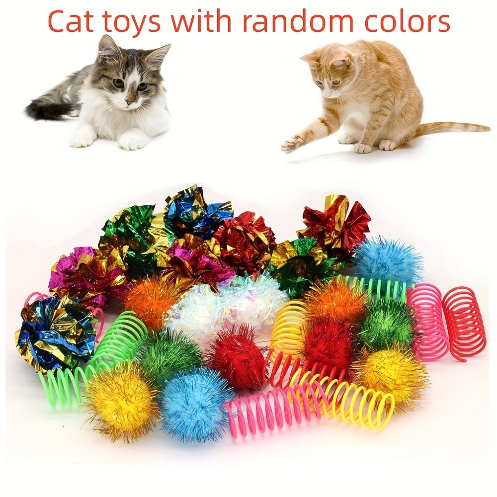 Interactive Cat Toy Pack 15pcs - Crinkle Balls, Sparkle Balls & Spiral Springs for Cats - Variety Set for Indoor Cats, Kittens - No Battery Needed