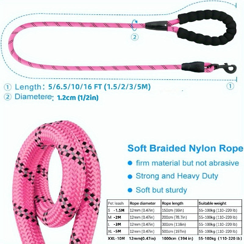 Reflective Round Rope Dog Leash 12mm – Bold Thickened Nylon Long Dog Lead for Medium & Large Dogs – Night Safety Reflective Stitching Dog Walking Leash for Outdoor Training & Daily Use