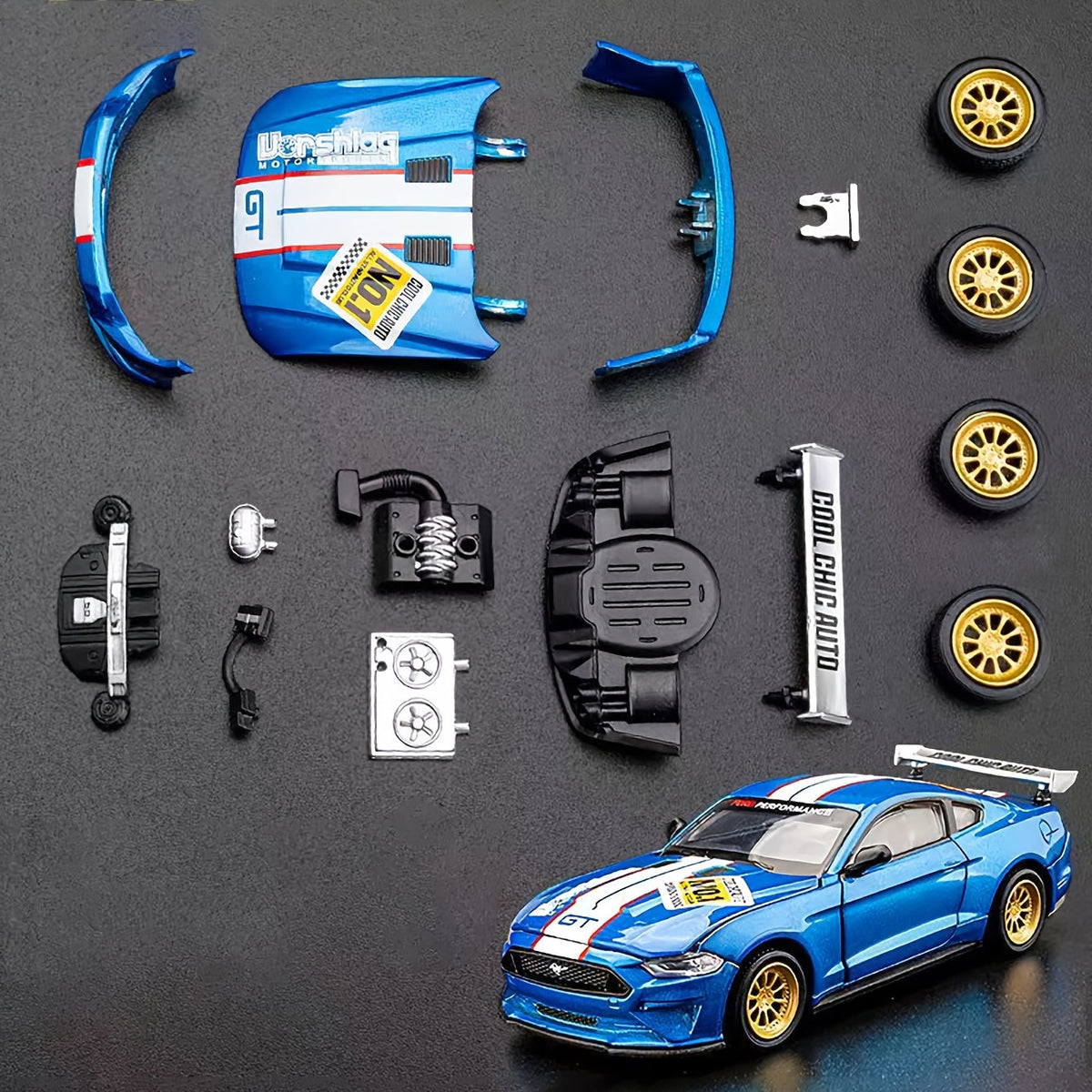 1:42 Scale Ford Mustang GT 2018 Die-Cast Model Car - Blue Zinc Alloy Collectible with Opening Doors, DIY Interchangeable Accessories, Pull-Back Function, Gift for Car Enthusiasts Boys and Adults
