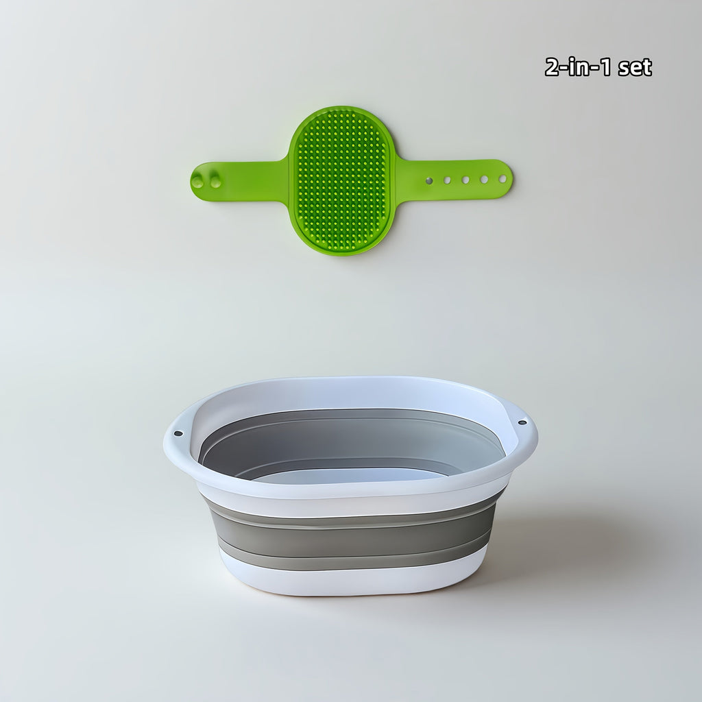 Collapsible Pet Bathtub with Grooming Brush Set – Portable Foldable Dog Cat Bath Tub for Small Pets, Travel & Camping Ready, Multi-Purpose Washing Basin for Home & Outdoor Use