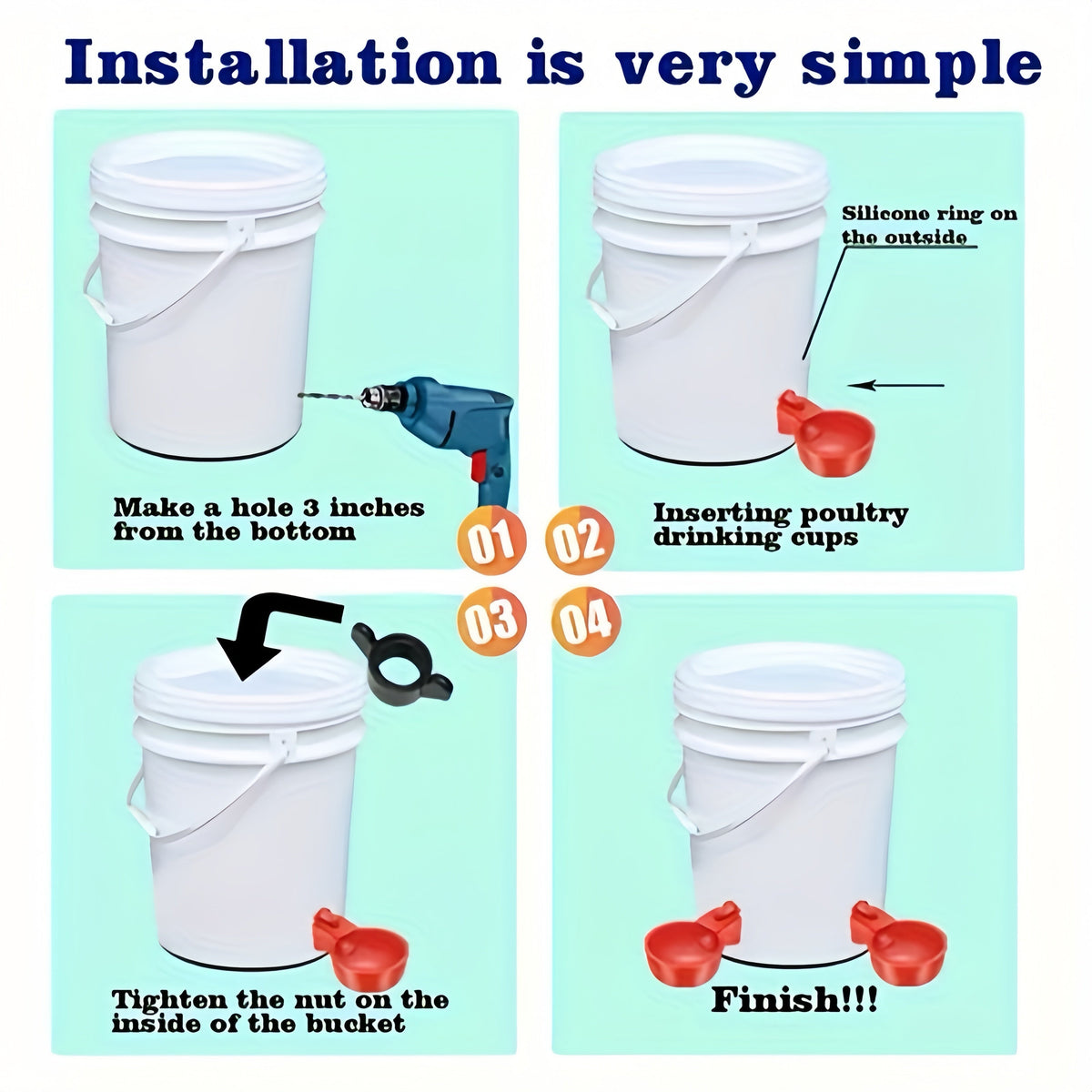 Poultry Automatic Waterer Set 16-Pack Self-Filling Chicken Duck Bird Feeding Bowls with Drill & Holder Integrated Self-Stop Float Valve – Durable PP No Battery Required