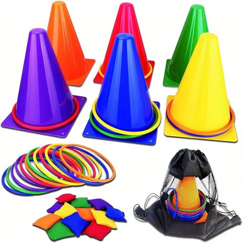 Ring Toss Game Set Ice Cream Cone Tube Design Outdoor Sports Sensory Training Circular Throwing Toy with Colored Barrels Fun Backyard Lawn Activity for Kids Adults Family Party Games Birthday Gift