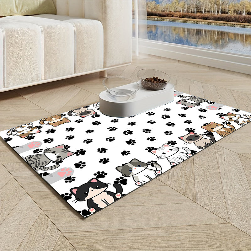 Cat Pattern Diatomaceous Earth Pet Feeding Mat – Non-Slip Scratch-Resistant Food & Water Mat for Cats & Dogs, Durable Easy-Clean Indoor & Outdoor Floor Protector, 19.7x23.6 Inch