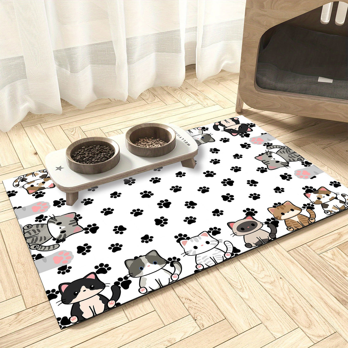 Cat Pattern Diatomaceous Earth Pet Feeding Mat – Non-Slip Scratch-Resistant Food & Water Mat for Cats & Dogs, Durable Easy-Clean Indoor & Outdoor Floor Protector, 19.7x23.6 Inch