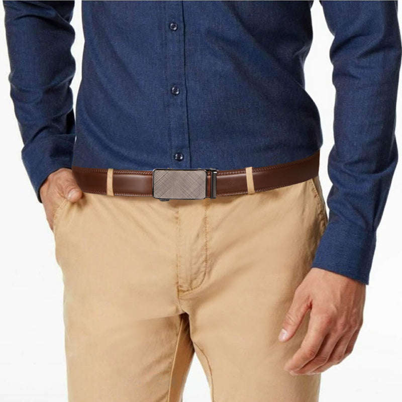 Men's Genuine Leather Belt Automatic Buckle Ratchet Dress Belt for Men – No Hole Slide Buckle, Black Brown, Fits Waist 30" to 44", Formal & Casual Wear