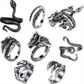 Dragon & Snake Ring Set 8-Piece – 316 Stainless Steel Adjustable Rings with Cubic Zirconia Inlays, Retro Vintage Punk Style Jewelry for Men Women, Bold Statement Stackable Ring Set Gift