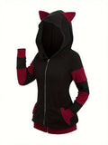 Cat Ear Hooded Sweatshirt Jacket Women Color Block Mid-Length Zip Up Hoodie Fall Winter – Thickened Warm Casual Outerwear S-XXL