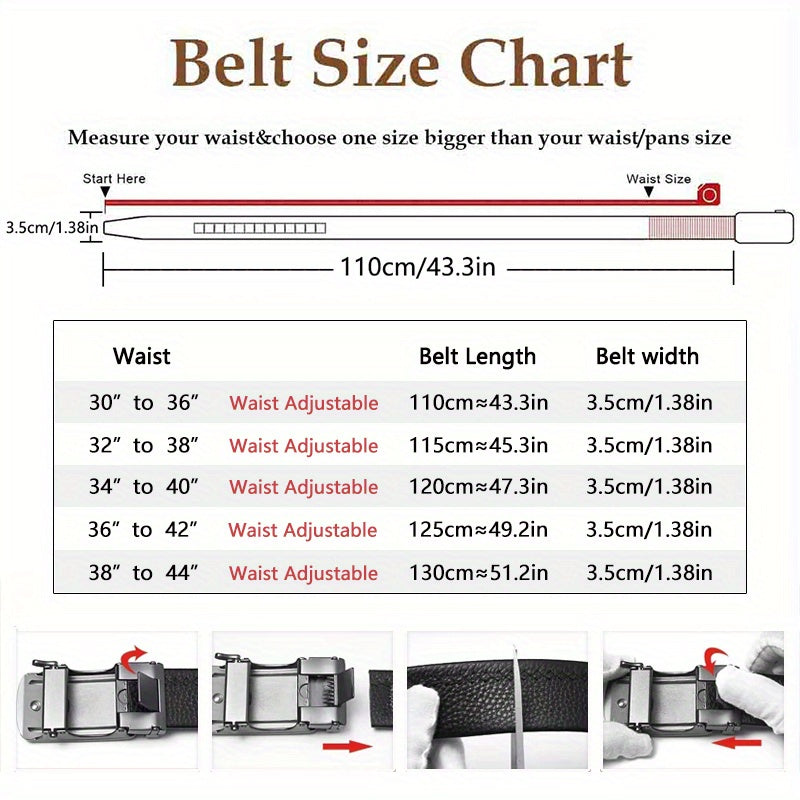 Men’s Genuine Leather Ratchet Belt with Automatic Buckle – Adjustable Alloy Buckle Casual & Business Belt Sizes 110–130cm, Perfect Father’s Day Gift for Him