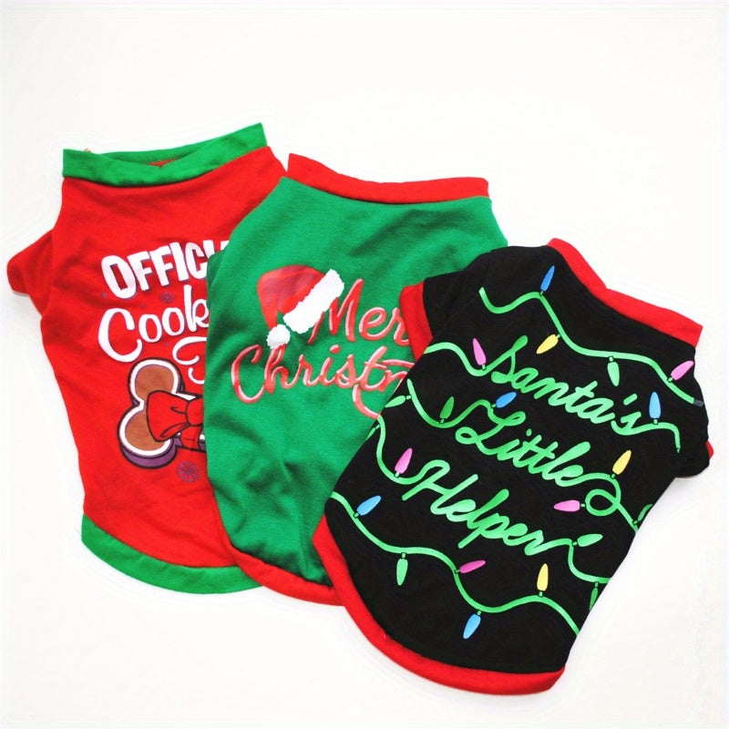 Dog Christmas Costume Set 3 Pieces – Santa Claus Vest & Holiday T-Shirt Pet Clothes for Dogs and Cats, XS to L Sizes, Festive Party Outfit for Christmas Celebrations, Cute Pet Holiday Gift