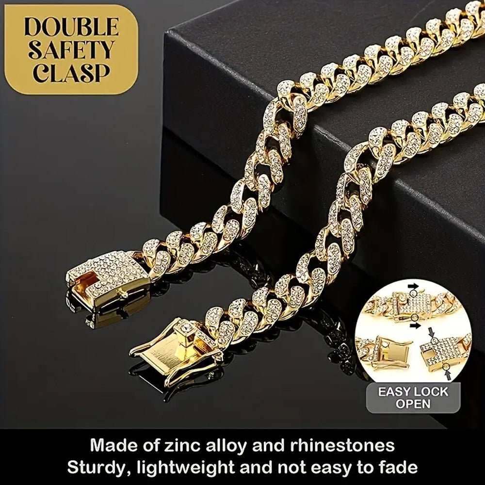 Personalized Rhinestone Dog Necklace Collar with Letter Pendant Tag – Sparkling 13mm Cuban Chain Dog Collar, Custom Initial Charm, Double Lock Design for Small Medium Dogs, Luxury Pet Jewelry Gift