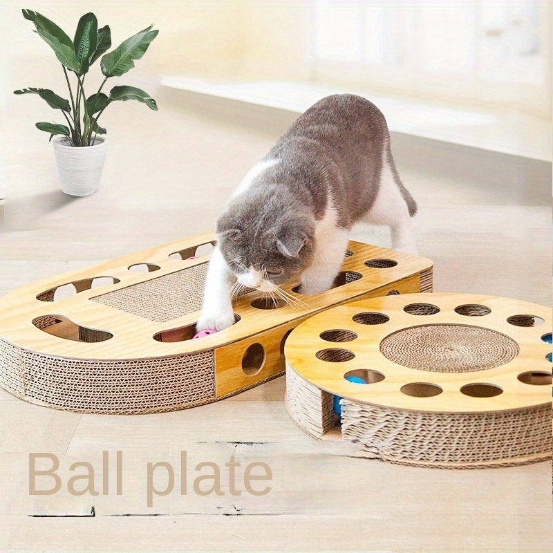 Interactive Cat Scratcher Toy with Ball Track Square Corrugated Cardboard Multi-Level Platform Scratch Pad Play Lounge for Indoor Cats Kittens Cat Scratching Board with Spinner