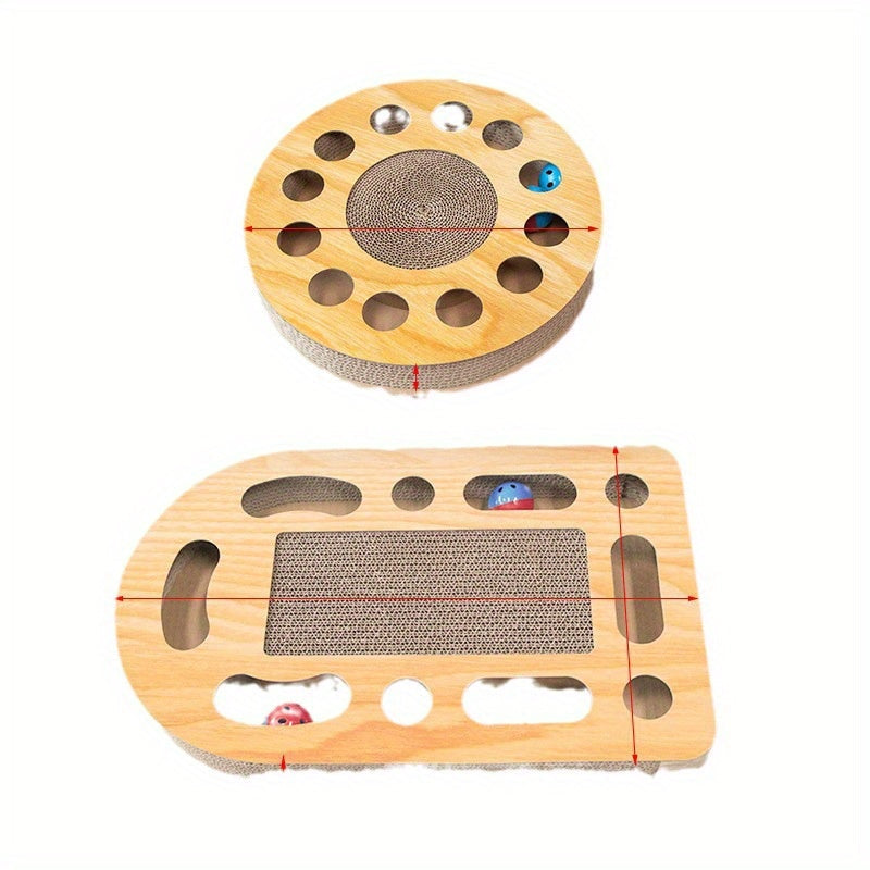 Interactive Cat Scratcher Toy with Ball Track Square Corrugated Cardboard Multi-Level Platform Scratch Pad Play Lounge for Indoor Cats Kittens Cat Scratching Board with Spinner